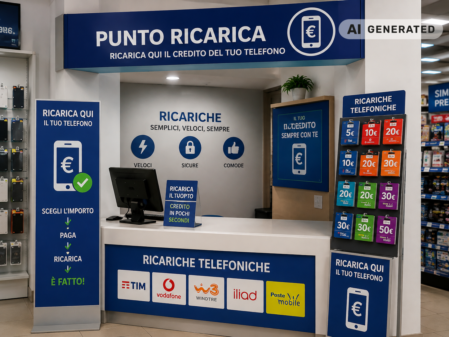 Cliente che mostra lo smartphone mentre effettua una ricarica telefonica in negozio