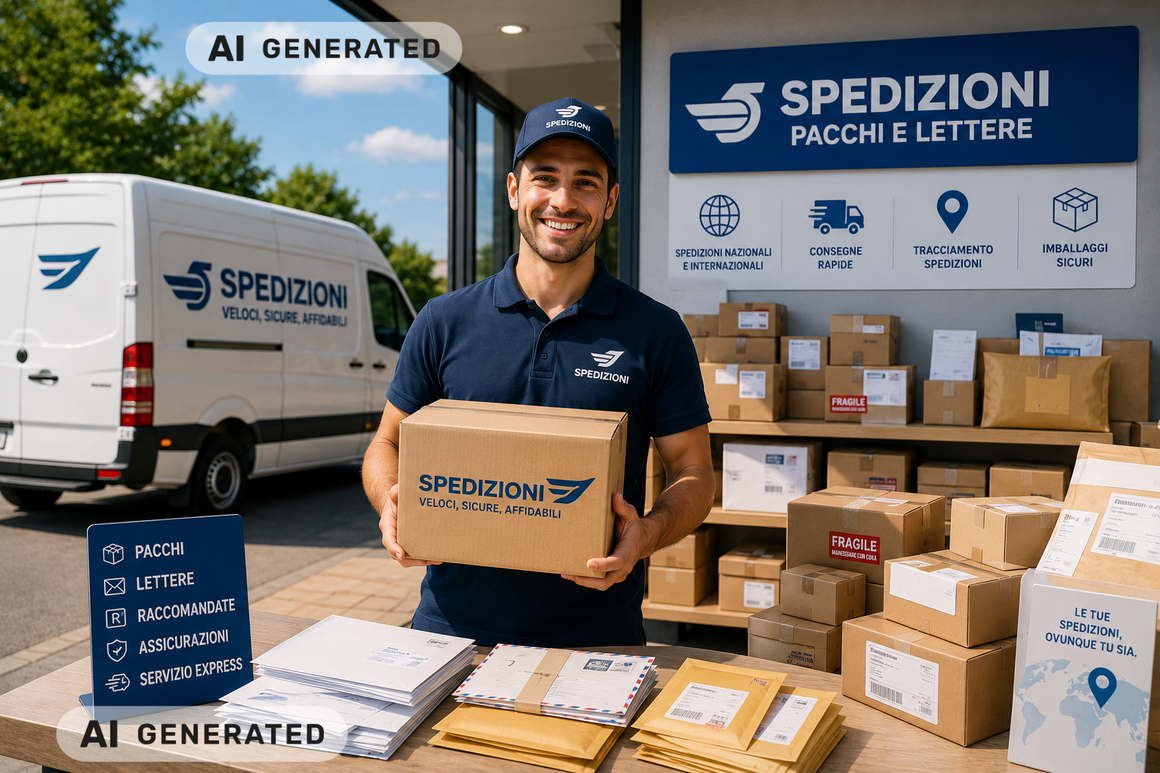 Cliente che spedisce un pacco allo sportello di un ufficio postale multiservizi